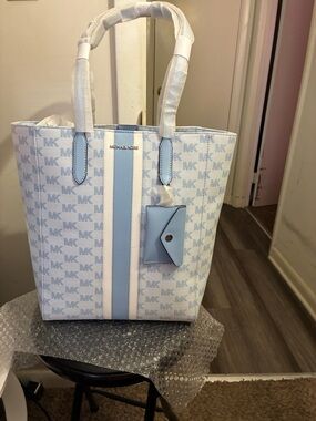 Michael Kors Baby Blue and White MK Signature Tote